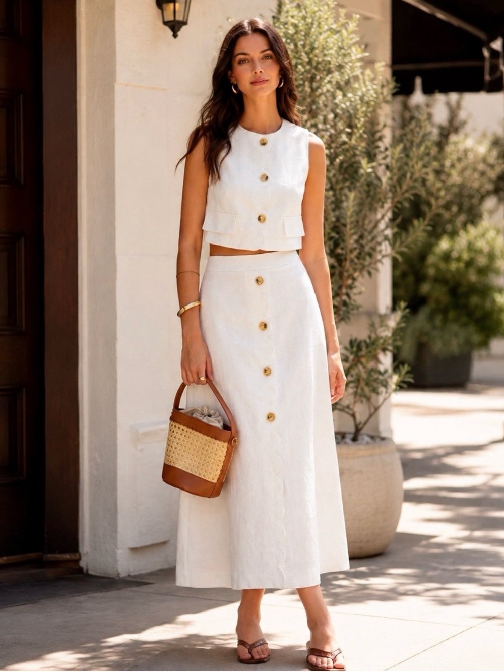 COMMENSE White Cotton Linen Scallop Trim Vest & Skirt Set